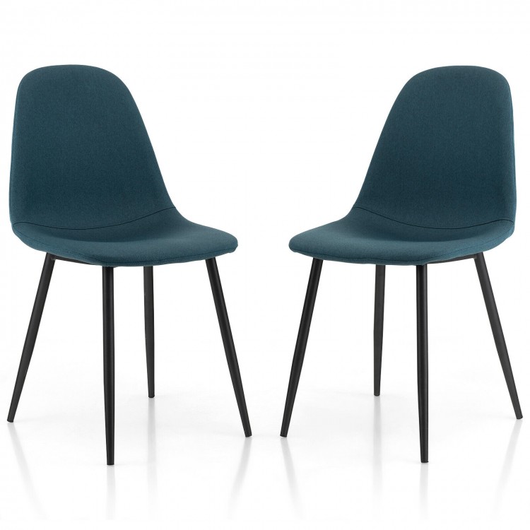 Blue dining chair with a foam upholstered seat and tapered black metal legs, designed for comfort and stability in any.